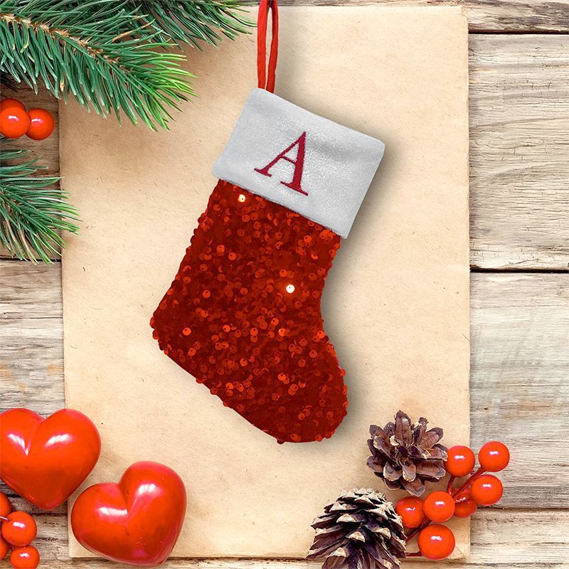 Embroidery Xmas Ornaments - Calza di Natale rossa con paillettes,